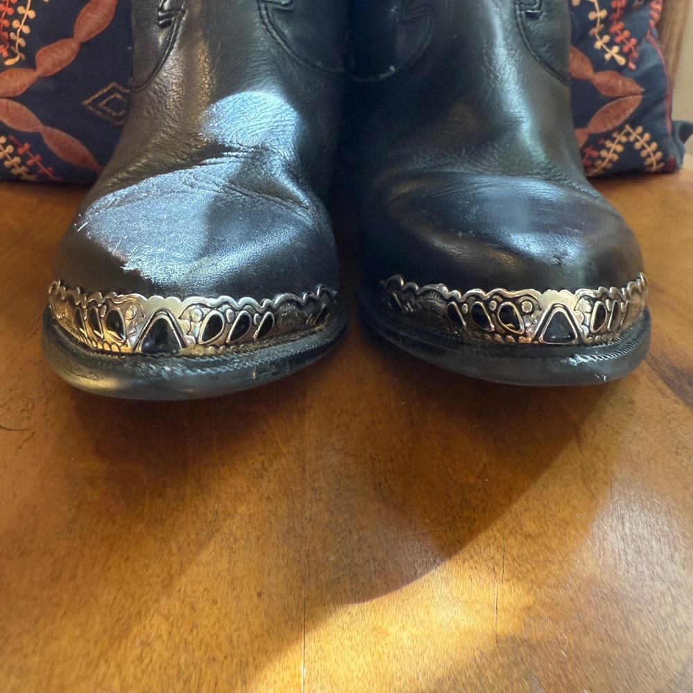 Leather Boots Western Vintage Cowboy Cowgirl Black Zodiac 90s Silver Onyx - Picture 7 of 14